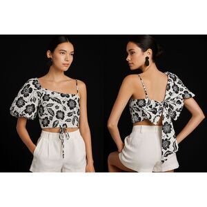Maeve Anthropologie Sz 1X Floral Eyelet One Shoulder Bow Crop Top White Romantic